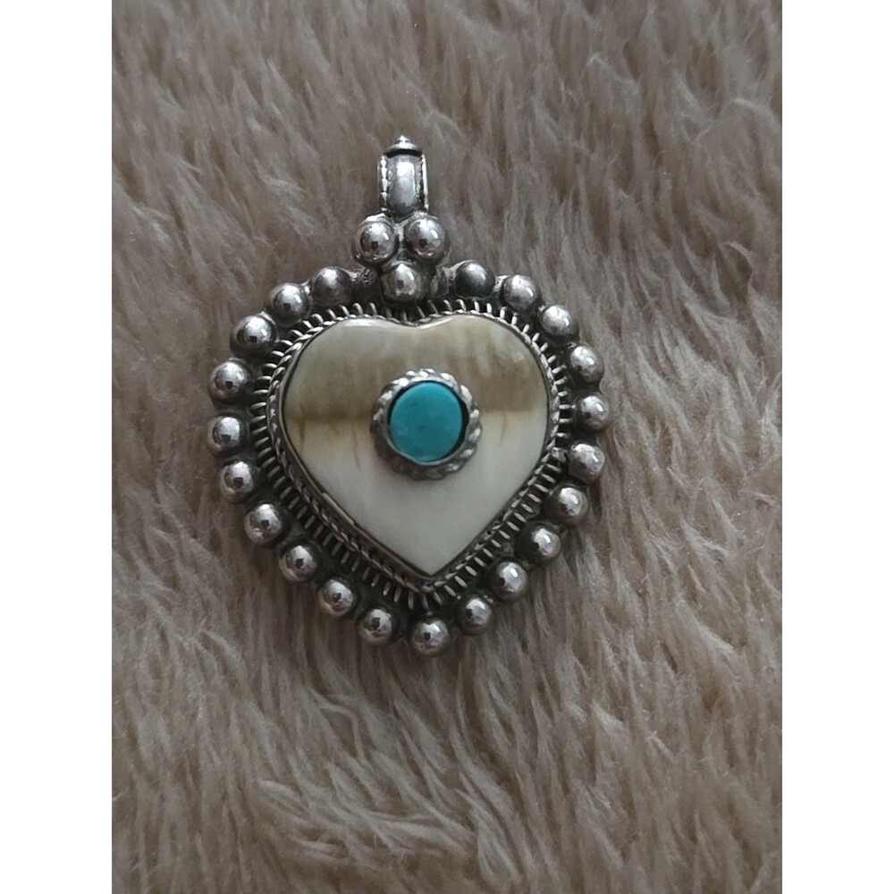 Tibetan Silver Buffalo Bone & Turquoise Deep Set Potion Locket Vtg Heart Pendant